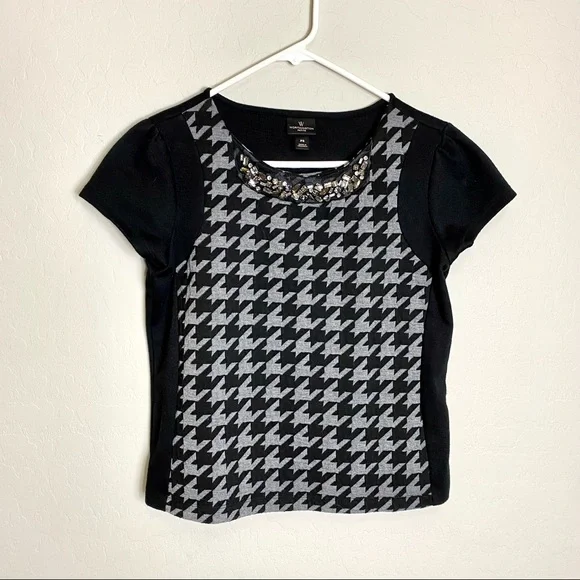 Worthington PS Petite Small Black Gray Houndstooth Jeweled Top Job Interview - Picture 1 of 6
